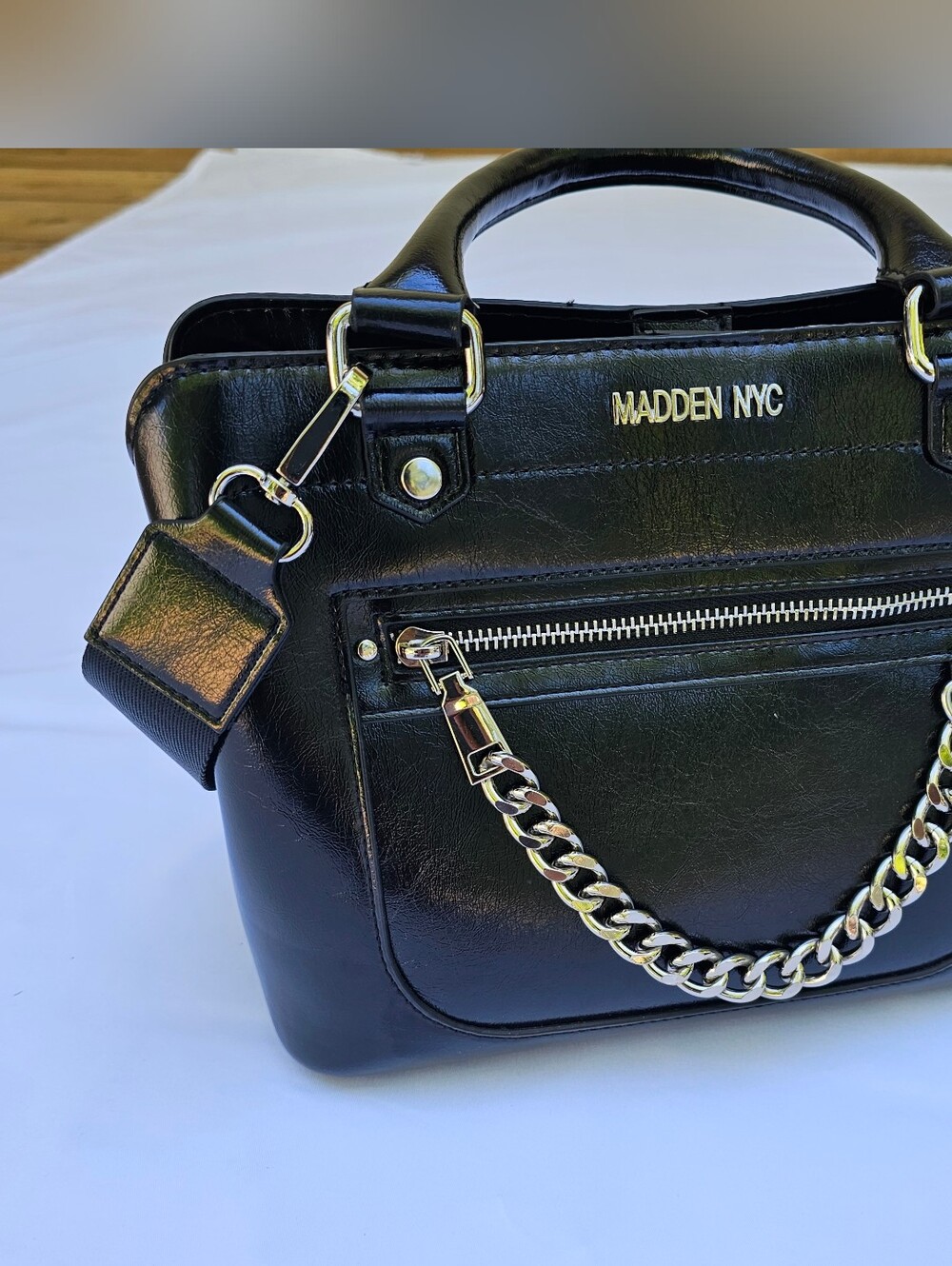 Madden NYC Black Faux Leather Top-Handle Satchel With Silver Chain